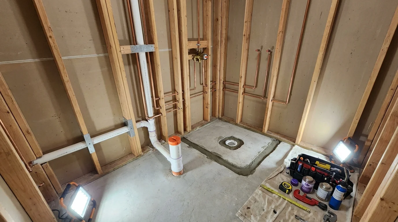 Bathroom rough-in plumbing during remodel by Johns Plumbing LLC in Woonsocket