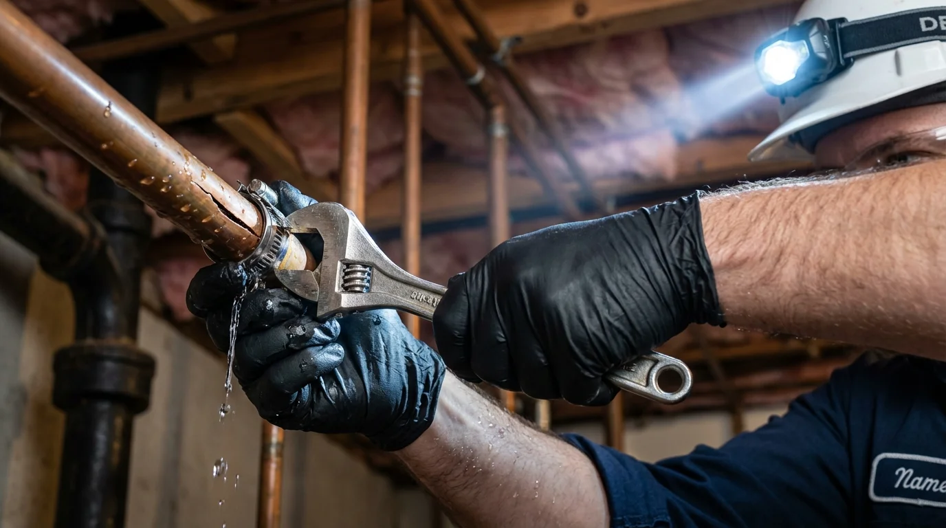 Emergency pipe clamp repair being performed by a Johns Plumbing LLC plumber in Woonsocket