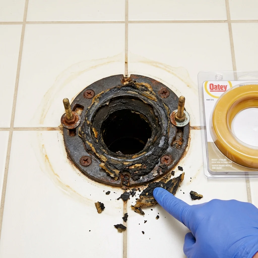 Failed wax ring showing water seepage at the base of a toilet in a Woonsocket, SD home