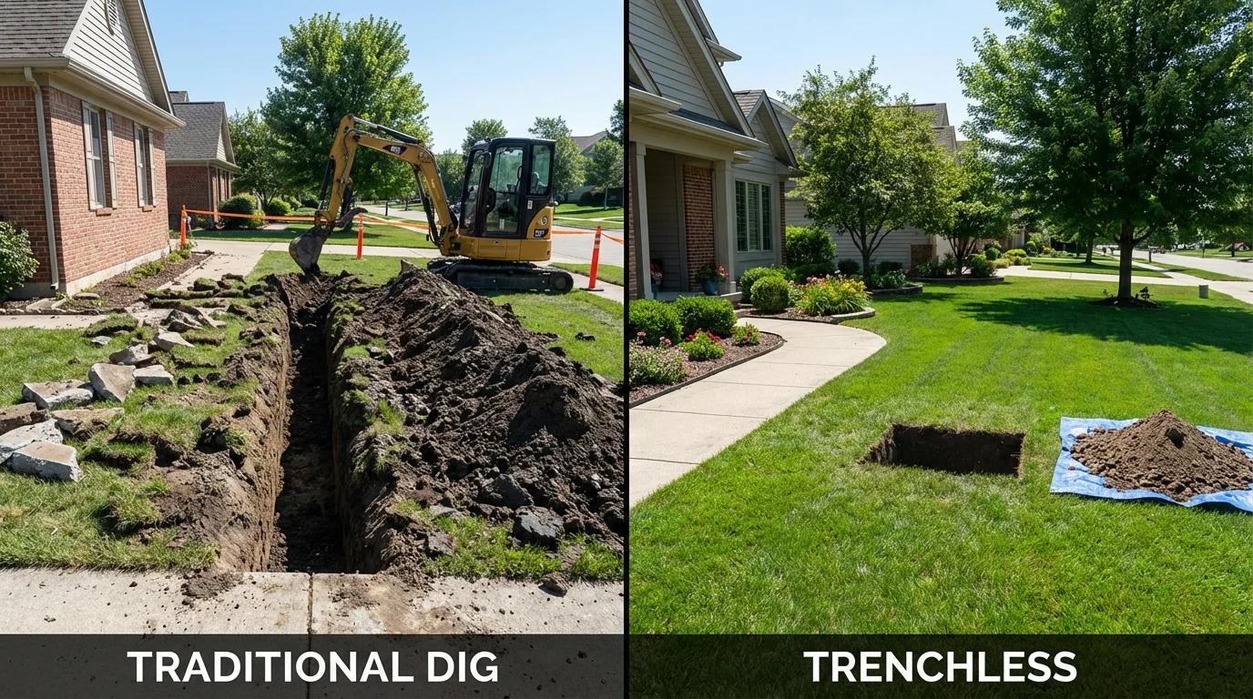Trenchless sewer repair with minimal yard damage versus traditional excavation in Woonsocket, SD