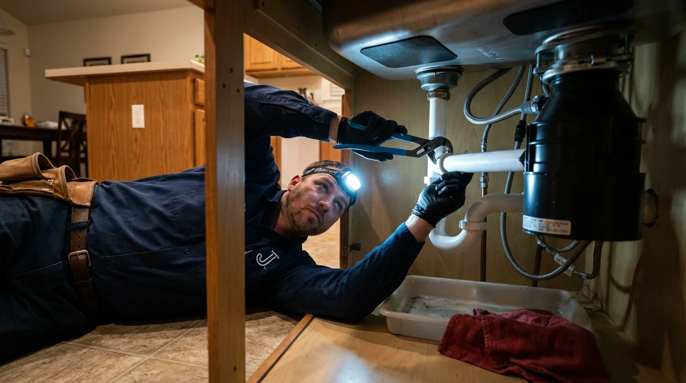 P-trap and supply line connections under a kitchen sink showing a common leak point in Woonsocket, SD